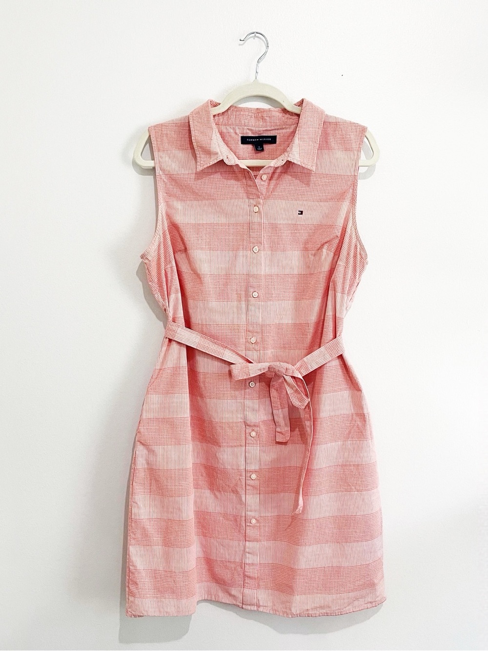 Tommy‎ Hilfiger Pink Plaid Gingham Shirt Dress Tie Waist Coastal Preppy Size 16 - Picture 2 of 14
